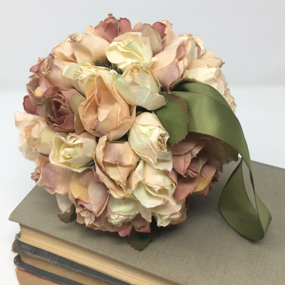 Cream Mauve Faux Rosebud Olive Green Ribbon Pomander Wedding Kissing Ball